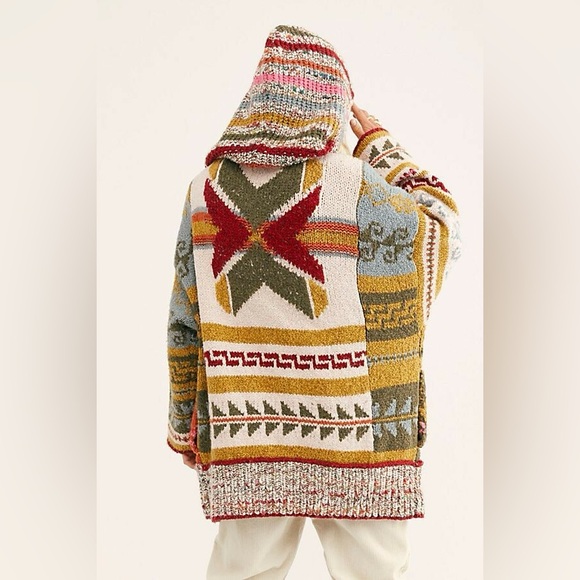 Free People Multicolor Hooded Knit Cardigan - Cream, Mustard, Blue, Red, Olive - Picture 2 of 14